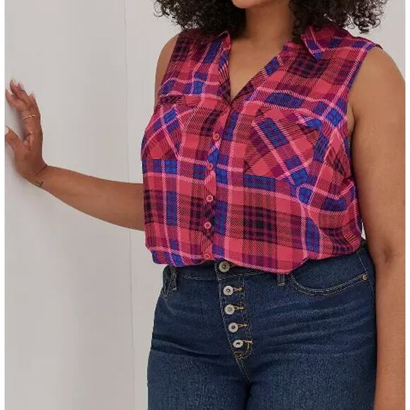 Torrid MADISON TANK  GEORGETTE PLAID MAGENTA Sleeveless Shirt Women's 3 3X - Picture 1 of 5